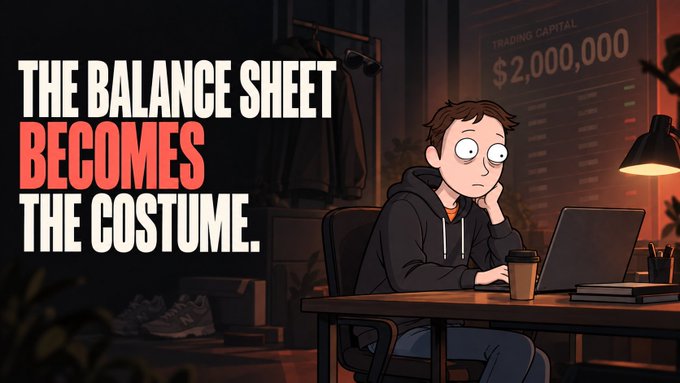 An animated illustration shows a tired cartoon trader in a hoodie staring at a laptop displaying 'TRADING CAPITAL $2,000,000', with the tagline 'THE BALANCE SHEET BECOMES THE COSTUME.'