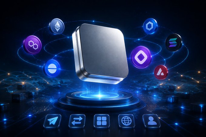 A glowing central device hovers above a futuristic blue platform, surrounded by orbiting cryptocurrency icons including Ethereum, Polygon, Solana, and Avalanche. Below, a row of navigation icons (paper airplane, sync, grid, globe, and profile) sits beneath the pedestal, symbolizing an all-in-one crypto hub that unifies multiple blockchains—visually echoing the post's theme of simplifying fragmented crypto ecosystems through a single integrated app.