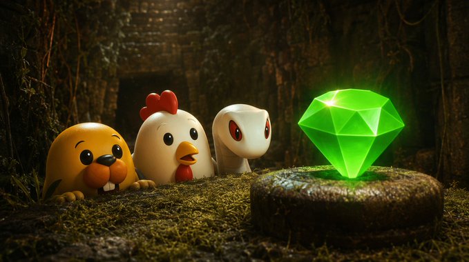 Three stylized 3D animal characters—a hamster, chicken, and owl—stare at a glowing green gemstone resting on a mossy stone pedestal in a dim, mystical forest setting.