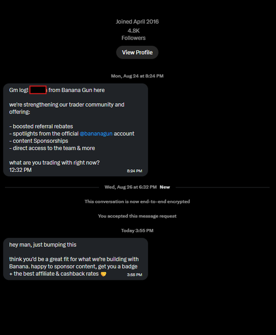 A screenshot of a Twitter/X DM exchange where a user with 4.8K followers (joined April 2016) promotes the @bananagun trading community, offering boosted referral rebates, spotlights, content sponsorships, and direct team access.