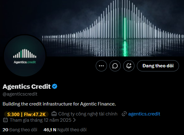 A Twitter/X profile page for 'Agentics Credit' (@agenticscredit) with a verified checkmark, describing 'Building the credit infrastructure for Agentic Finance,' with 47.2K followers and 46.1K following.