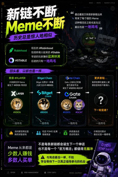 A Chinese-language infographic titled "新链不断 Meme不断" discussing cryptocurrency meme coins including $Robinhood, $STABLE, #XLAYER, #XDOG, #BDOG, #GDOG, #GCAT, with Pepe the Frog imagery and DYOR warnings.