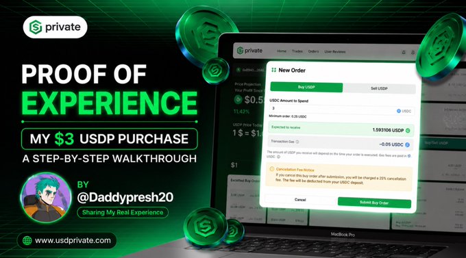 A graphic promoting "Proof of Experience: My $3 USDP Purchase - A Step-by-Step Walkthrough" by @Daddypresh20 on the USDprivate platform. The image showcases a laptop screen displaying a USDP order form with transaction details.