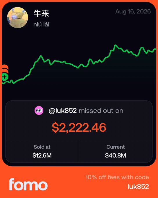 A FOMO app notification showing user @luk852 "missed out on" $2,222.46 on the ticker "牛来" (niú lái, meaning "cow comes" — referencing $COW), which was sold at $12.6M and is now valued at $40.8M, perfectly illustrating the post's lament about catching the "cow" but missing the "fish tail."