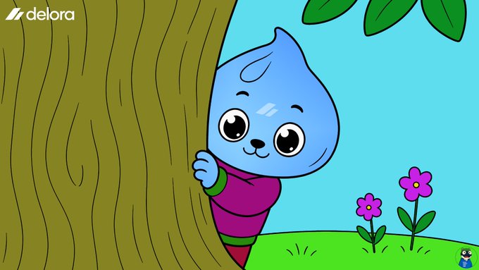 Cartoon illustration from 'delora' showing a blue teardrop-shaped character peeking from behind a tree with flowers in the background.