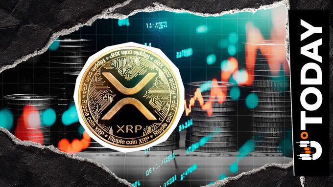A promotional graphic for 'U.TODAY' features a gold Ripple (XRP) coin in front of stacks of coins and a rising stock market chart.