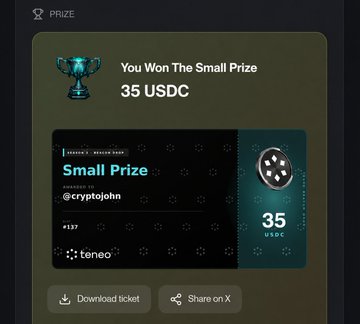 A digital reward ticket displays "You Won The Small Prize" awarding 35 USDC to user @cryptojohn, awarded by Teneo Protocol for the Season 2 airdrop distribution. The notification shows "#137" as the user's rank, illustrating the post's point that users with higher rankings received rewards in the $30–$80 range.