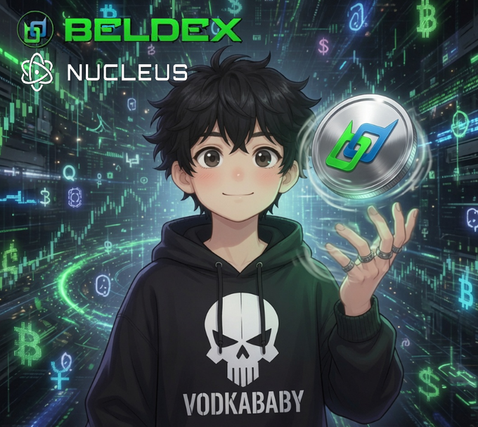 An anime-style avatar of a young man in a black 'VODKABABY' hoodie holding a Beldex coin, with the Beldex Nucleus logo and cryptocurrency symbols in the background.