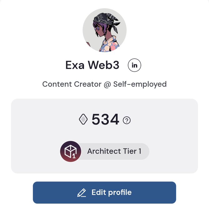 A profile screenshot for "Exa Web3" showing 534 points and an "Architect Tier 1" badge, celebrating earning the Tier 1 Architect recognition on Arc.