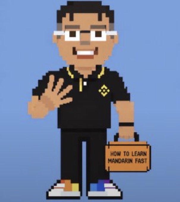 A pixel art illustration of a smiling man wearing glasses, holding a briefcase labeled 'HOW TO LEARN MANDARIN FAST' and waving his other hand.