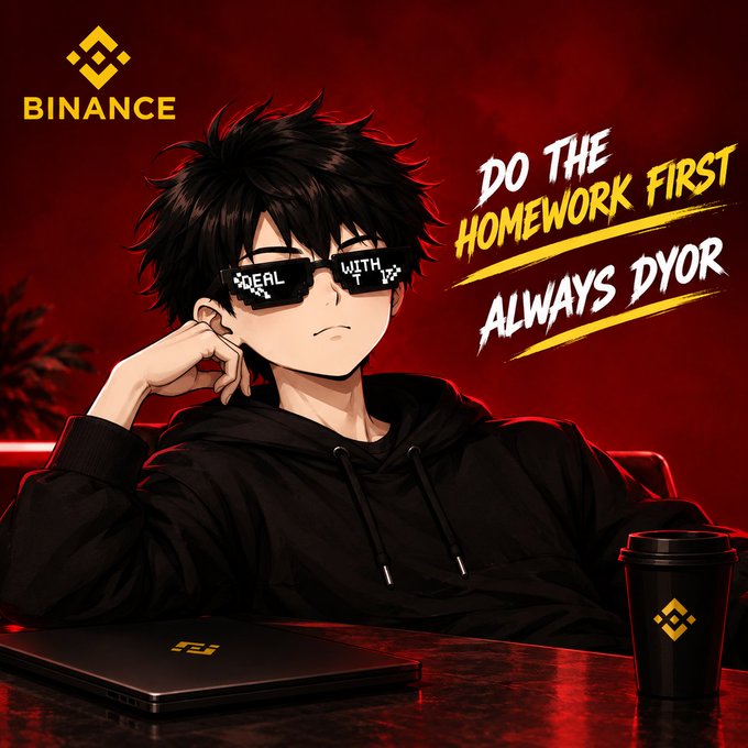 An anime-style promotional graphic for Binance featuring a character wearing pixelated sunglasses reading 'DEAL WITH IT', with the slogan 'DO THE HOMEWORK FIRST ALWAYS DYOR' displayed in yellow and white text.