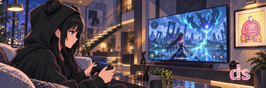 An anime-style illustration shows a girl with dark hair in a black hoodie playing video games with a controller in a modern living room, with a fantasy game displayed on the TV screen.