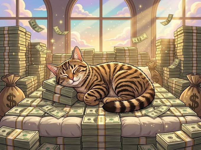 A digital illustration of a tabby cat sleeping contentedly atop a massive pile of cash bundles and money bags marked with dollar signs in a sunlit room.