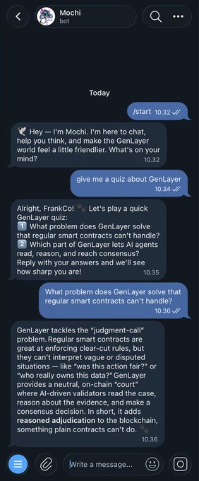 A chat interface with an AI bot named 'Mochi' displays a quiz about 'GenLayer,' explaining that it tackles the 'judgment-call' problem by having AI agents read and reach consensus for reasoned adjudication on the blockchain.