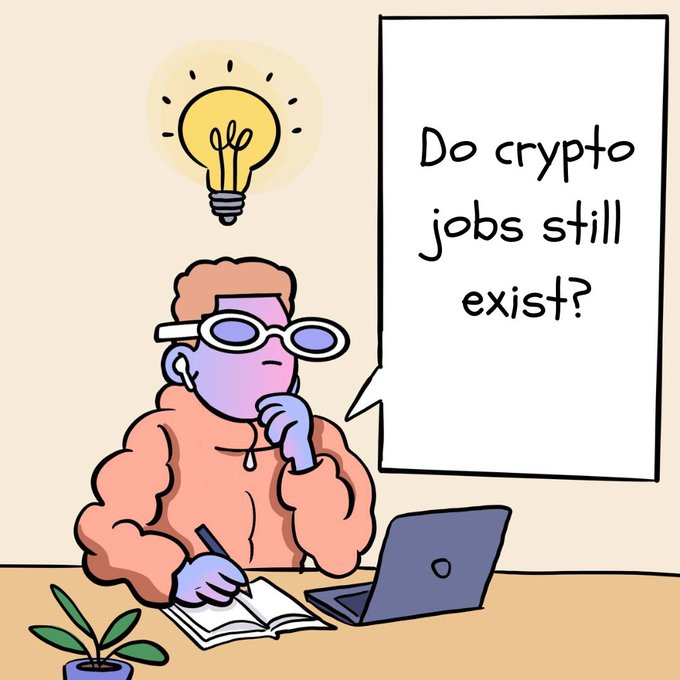 A cartoon illustration of a person with purple skin and glasses sitting at a desk with a laptop and notebook, thinking with a lightbulb above their head, with a speech bubble asking 'Do crypto jobs still exist?'