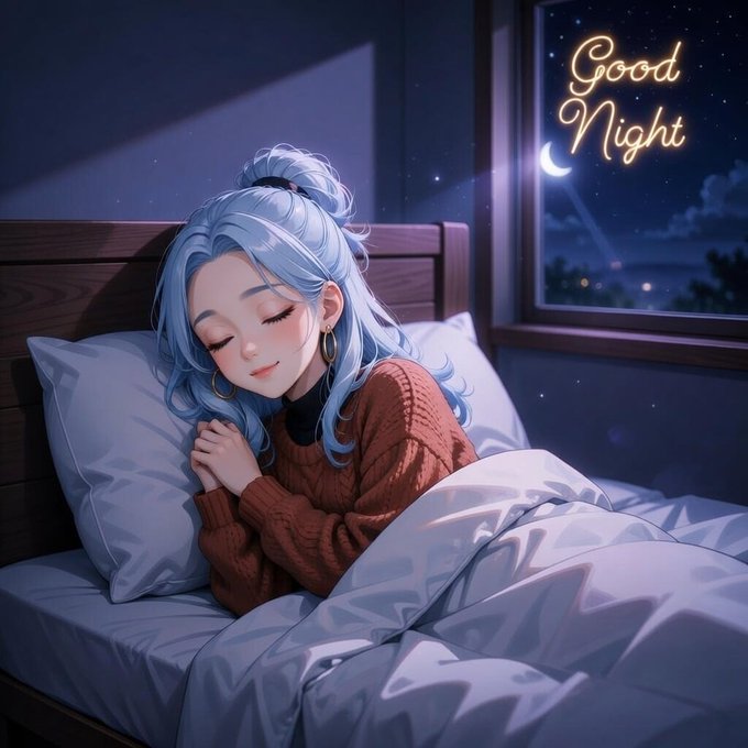 urn of flowers sits on a windowsill, with the girl sleeping peacefully and a "Good Night" sign above her head.