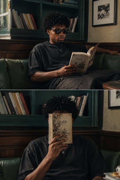 The image features a man sitting on a couch holding an open book with a flower design on its cover. The scene takes place in front of a bookshelf filled with various books, creating a cozy atmosphere. There are two other people present in the image as well, one standing and another seated at a table.