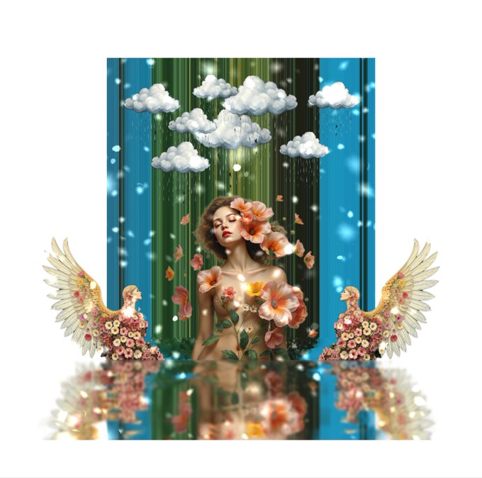 A vibrant digital collage featuring a woman with closed eyes surrounded by orange flowers, set against a background of clouds and a blue curtain, flanked by two symmetrical angel wings composed of flowers.