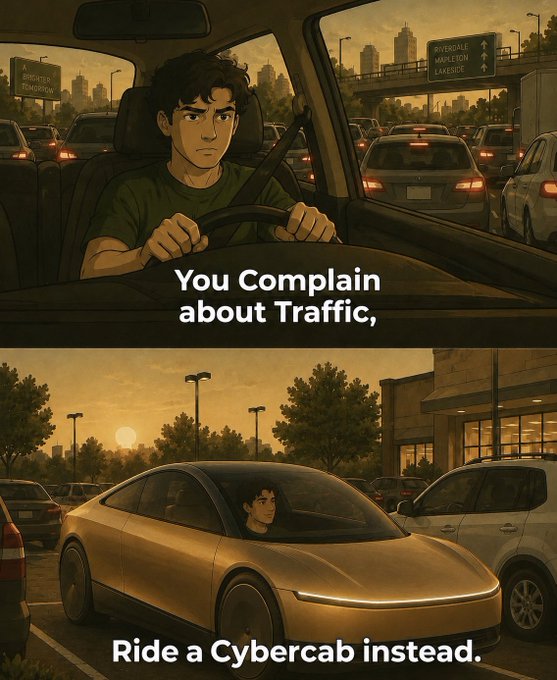 A two-panel anime-style illustration showing a frustrated man in traffic with the text 'You Complain about Traffic,' followed by him relaxed in a sleek car with the text 'Ride a Cybercab instead.'