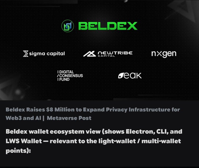 A graphic for Beldex with logos of investors (sigma capital, NEW TRIBE CAPITAL, nxgen, Digital Consensus Fund, peak) and text about Beldex raising $8 Million to expand privacy infrastructure for Web3 and AI.