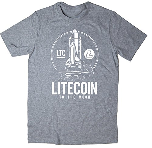 Heather gray t-shirt with a Litecoin (LTC) rocket launch graphic and the slogan 'LITECOIN TO THE MOON'.