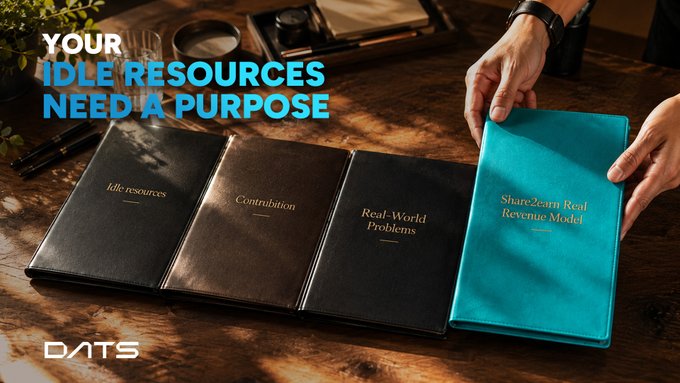 A marketing image for DATS showing three black leather-bound books labeled 'Idle Resources,' 'Contribution,' and 'Real-World Problems,' with hands holding a teal book titled 'Share2earn Real Revenue Model,' with the headline 'YOUR IDLE RESOURCES NEED A PURPOSE.'