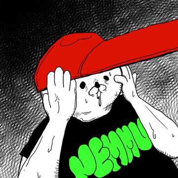 A distressed cartoon figure covers their ears in pain as a giant red hammer slams down on their head, with the text "JESUS" in bold green letters on their black shirt. The image appears to depict the volatile or crushing nature of NFTs on the XRPL (XRP Ledger), visually representing the post's "NEW NFT #xrpl" as a painful or overwhelming experience.