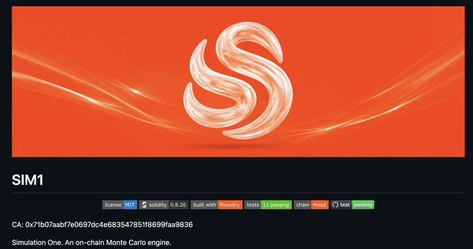 A website header for 'SIM1' featuring a swirling metallic orange logo, identified as 'Simulation One. An on-chain Monte Carlo engine.' with MIT license and Foundry build tags.