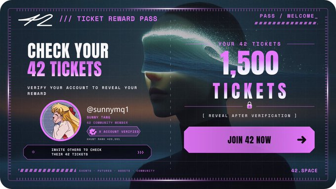 42.Space ticket reward pass screen showing user @sunnymq1 with 1,500 tickets after verification, featuring a cyberpunk-styled interface with 'Join 42 Now' button.