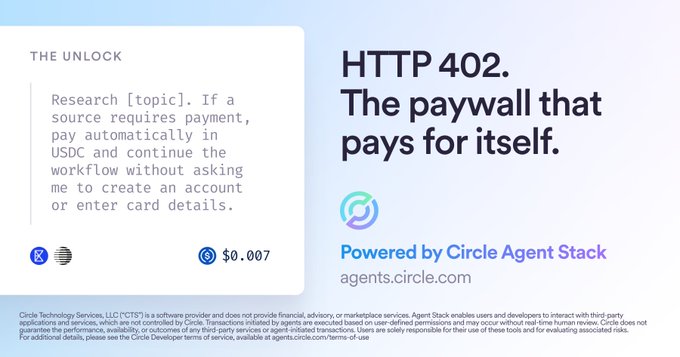 The image shows a post about a paywall that has been hit by an agent who paid 0.007 USDC for the content they accessed, but the agent did not receive any credit or acknowledgment from Circle Agent Stack. The post also mentions that the agent is working on a project and is paid by Circle Agent Stack to do so.