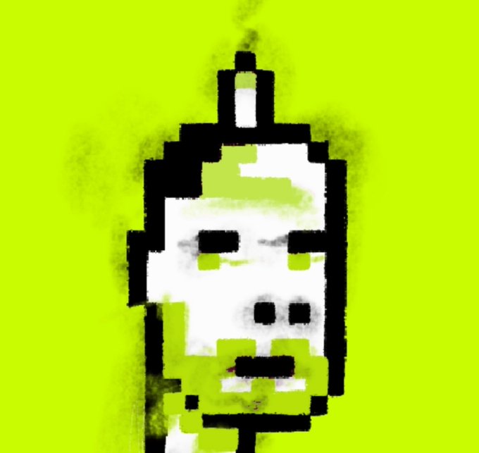 A blurry, pixelated black-and-white face with hollow eyes rendered against a bright lime green background, featuring a spray-paint aesthetic.