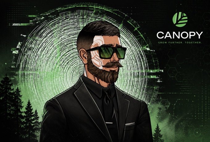A stylized digital illustration of a bearded man wearing green sunglasses and a black suit, with the text 'CANOPY' and the tagline 'GROW FURTHER. TOGETHER.' next to a green logo.