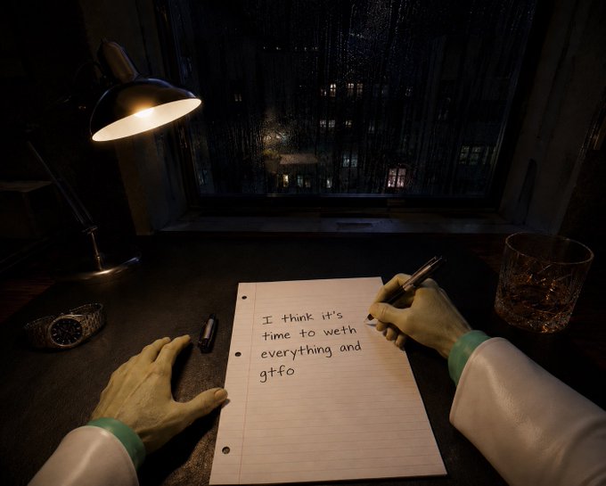 A moody first-person view of hands in a white dress shirt with green cuffs writing on a piece of paper that reads 'I think it's time to weth everything and gtfo' at a desk with a lamp, watch, and whiskey glass against a rainy nighttime cityscape window.