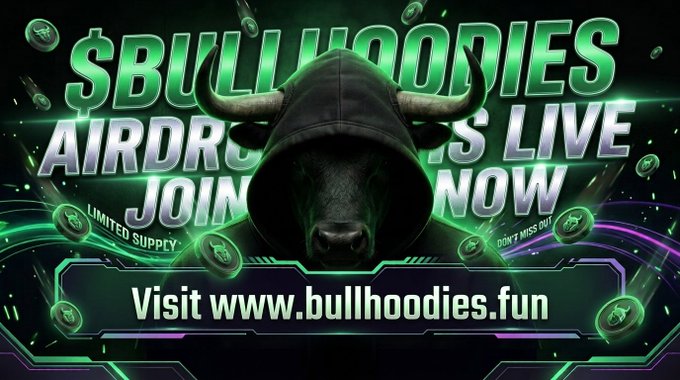 A hooded bull glows in neon green against a digital backdrop, promoting the "$BHOODIES AIRDROP" with text reading "AIRDROP IS LIVE JOIN NOW," "LIMITED SUPPLY," "DON'T MISS OUT," and "Visit www.bullhoodies.fun," visually reinforcing the post's call for early holders to claim free $BHOODIES tokens.