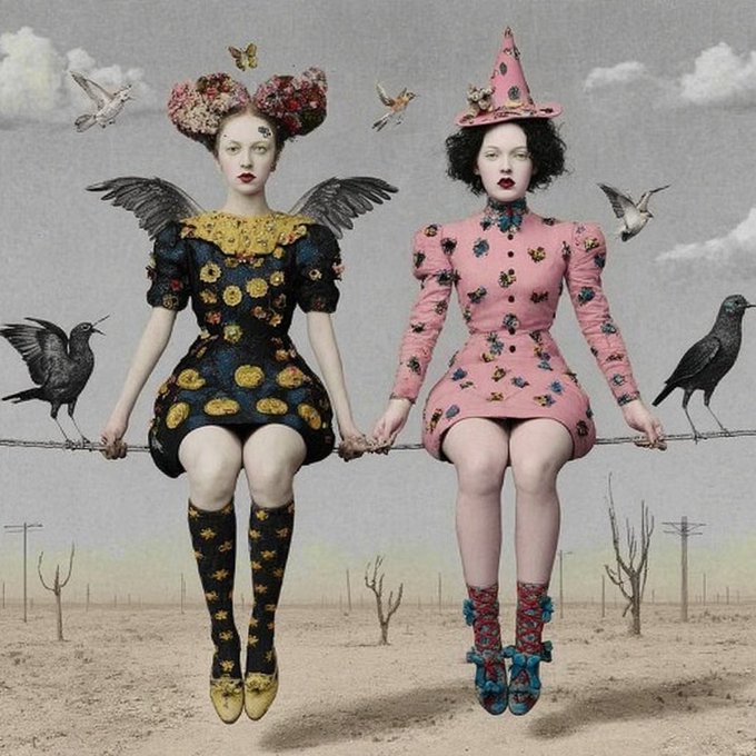 A surreal artistic illustration depicts two pale women in elaborate floral dresses—one with Mickey Mouse-like ears and wings—sitting on a wire in a barren landscape with black birds.
