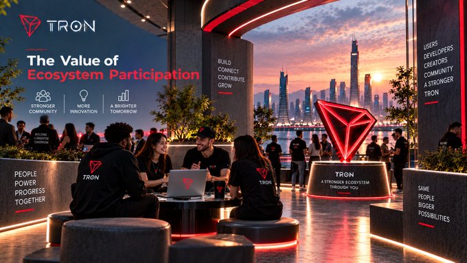 A TRON promotional graphic titled 'The Value of Ecosystem Participation' featuring people at a futuristic lounge with a city skyline backdrop, displaying slogans like 'Stronger Community,' 'More Innovation,' and 'A Brighter Tomorrow.'