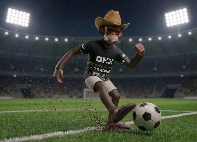 A 3D-rendered Bored Ape character wearing a cowboy hat, sunglasses, and a black 'OKX' trading shirt kicks a soccer ball on a green field in a stadium.