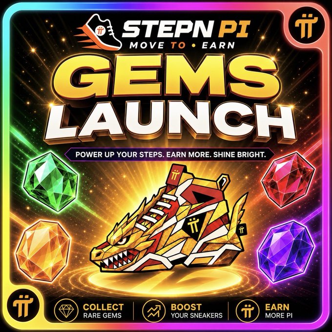 A vibrant promotional graphic for STEPN Pi's "GEMS LAUNCH" featuring a fierce golden dragon-headed sneaker surrounded by four colored gemstones (green emerald, red ruby, orange topaz, and purple amethyst), with the tagline "POWER UP YOUR STEPS. EARN MORE. SHINE BRIGHT." and icons highlighting the ability to "COLLECT RARE GEMS," "BOOST YOUR SNEAKERS," and "EARN MORE PI."