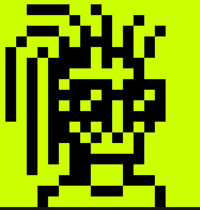 A large, stylized QR code or pixelated graphic consisting of black squares arranged on a bright neon green/yellow background.