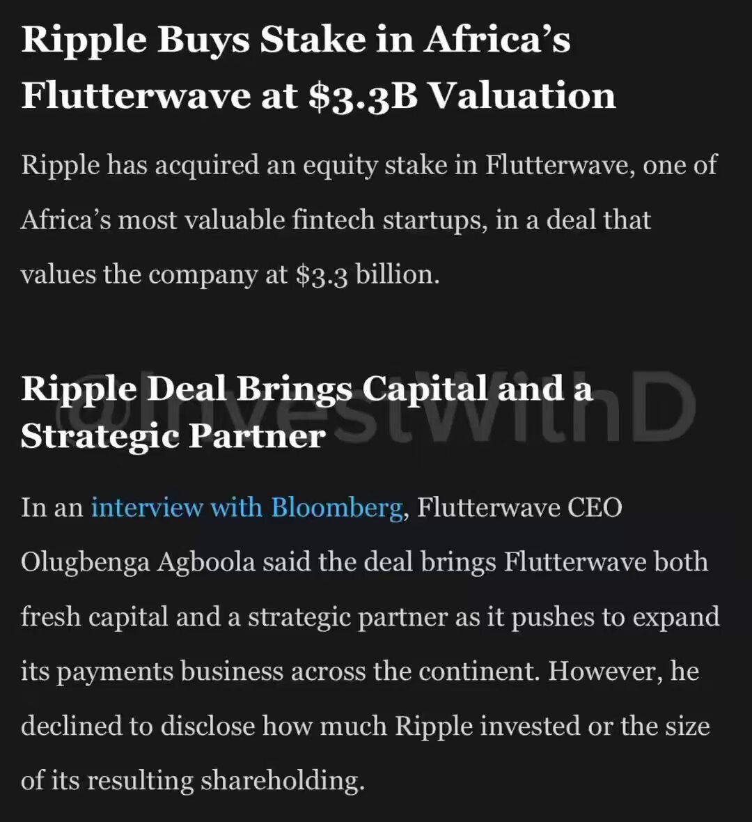 The image is a screenshot from an article featuring Ripple, one of Africa's leading fintech companies. Ripple has recently acquired a strategic stake in one of Africa's most valuable fintech startups, valued at $3.3B. This move strengthens the reach and influence of Ripple across 34 countries and contributes to its goal of expanding globally. The article also mentions that Ripple is taking on $XRP and RLUSD as part of this strategy.