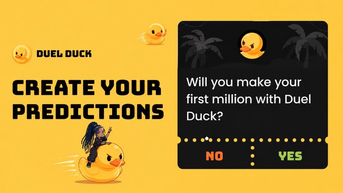 Promotional graphic for 'DUEL DUCK' crypto token with text 'CREATE YOUR PREDICTIONS' and a question card asking 'Will you make your first million with Duel Duck?' with NO/YES options.