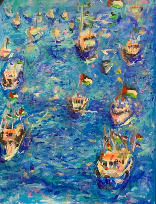 A vibrant impressionist painting depicts numerous boats floating on shimmering blue water, rendered in thick impasto brushstrokes with accents of orange, green, and white. The artwork, titled "Armada Bleue," is a limited edition piece with 6 of 27 remaining editions available at 10 xtz each, as noted in the accompanying post celebrating its addition to a collector's curated selection.