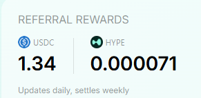 A digital interface panel displaying 'REFERRAL REWARDS' with balances of '1.34' USDC and '0.000071' HYPE, noting 'Updates daily, settles weekly'.