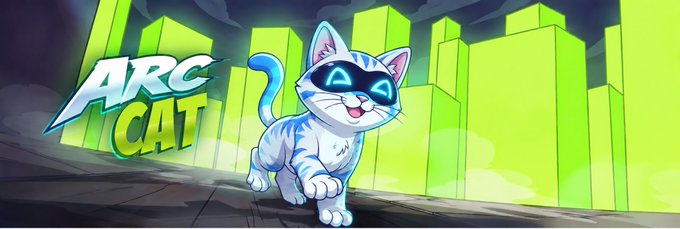 An animated graphic featuring a white cat character with glowing blue eyes in front of green neon city buildings, with the text 'ARC CAT' in the foreground.