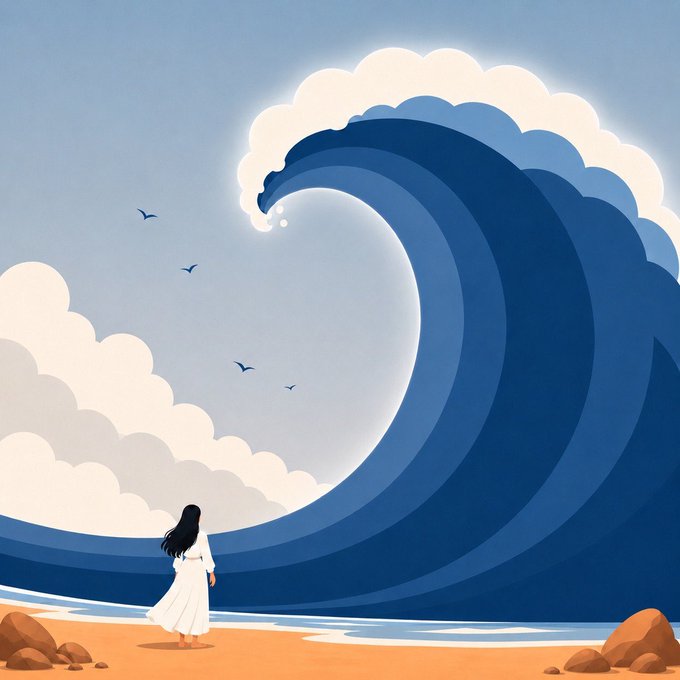 A woman in a white dress stands on the shore facing a massive, curling blue wave with birds flying overhead. The image's theme of standing firm in the face of a towering, overwhelming force visually echoes the post's message about overcoming fear through courage.
