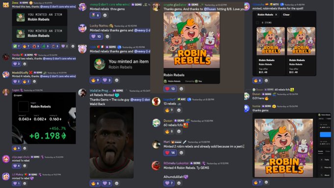 A collage of Discord screenshots showing multiple users minting "Robin Rebels" NFTs, trading them on Royal, and celebrating significant gains (e.g., "+556.7%" and "+0.198 ETH"), illustrating the post's excitement about RobinHood Mints and Robin Rebels performing well.