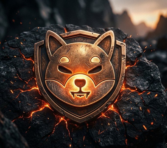 A 3D-rendered emblem of an angry dog face inside a shield, glowing with fiery lava cracks against a dark, rocky background.