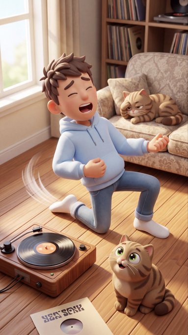 A 3D rendered illustration of a joyful boy kneeling on a wooden floor while singing, with a record player, vinyl records, and two tabby cats nearby in a cozy living room.