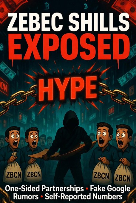 The image shows a book cover titled "Zebec Shills Exposed Hype", which is about a man named Zebec Shillis who claims to have exposed fake partnerships between companies, including one-sided partnerships where fake google graphs are used. He also mentions that some enterprise clients and their annual payroll volume of $500M+ shows the scale of these fake partnerships. The post also highlights real progress with Stellar, but it does not provide any evidence or verification for this progress.