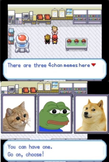 A Pokémon-style game scene asks "There are three 4chan memes here ♥" and offers the choice between a cat, Pepe the Frog, and Doge with the text "You can have one. Go on, choose!"—visually representing the "top 3 4chan memes" the poster references as having not yet had its run on Solana.